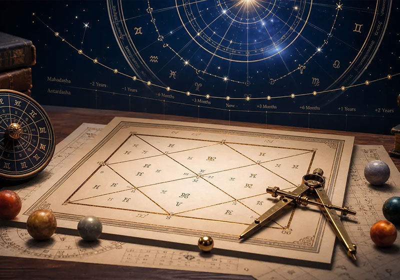 Astrology chart with a compass on a desk